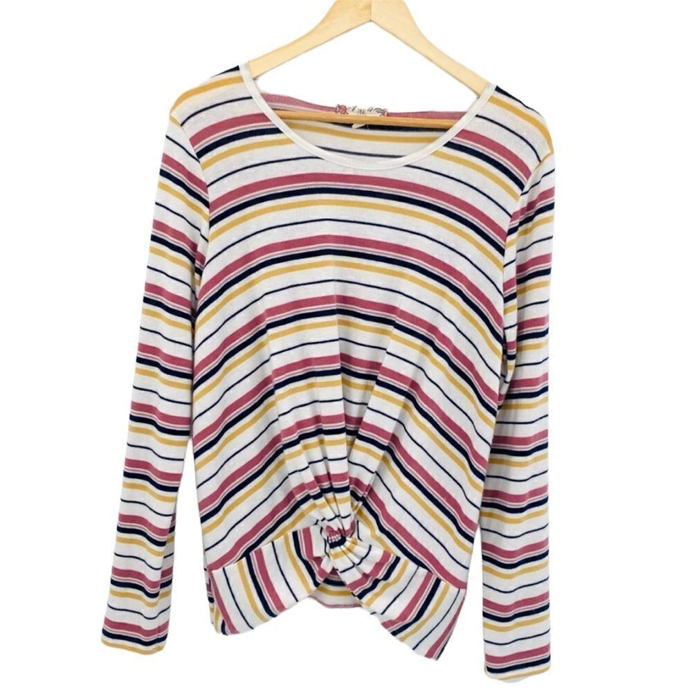 Pink Rose pink yellow90’s inspired knot front stripe long sleeve top size large